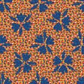 Faux leather and florals texture vector seamless pattern background. Backdrop with blue orange blended transparent