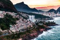 Favela Vidigal in Rio de Janeiro during sunset, aerial shot