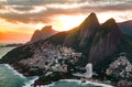 Favela Vidigal in Rio de Janeiro during sunset, aerial shot