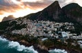 Favela Vidigal in Rio de Janeiro during sunset, aerial shot