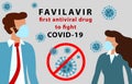 Favilavir as first antiviral drug to fight COVID-19 Wuhan Novel coronavirus 2019-nCoV, woman and man in suit with blue medical Royalty Free Stock Photo