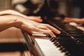 Favorite classical music...Close up view of gentle female hands playing a melody on piano while taking piano lessons Royalty Free Stock Photo