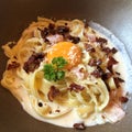 Favorite Fetuccini Carbonara dish in Italian restaurant