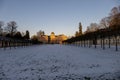 Favorite Foerch Palace with snow at sunset, in winter time Royalty Free Stock Photo