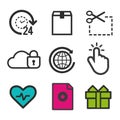 Favorite icon. Heart beat symbol. Present box icon. Cursor click sign. 24h open and cloud security icons.