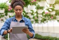 Favorite work with plants in greenhouse. African american woman in apron using digital tablet