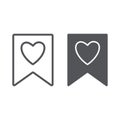 Favourite line and glyph icon, mark and favorite, bookmark with heart sign, vector graphics, a linear pattern on a white