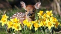 Fawn amidst spring daffodils, woodland, nature Royalty Free Stock Photo
