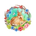 Fawn, Deer in a floral frame in a ring, wreath isolated on a white background. Watercolor. Illustration Royalty Free Stock Photo