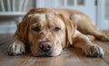 Fawn Dog breed in Sporting Group lies on wooden floor