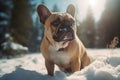 Fawn French bulldog in snow. Generate ai