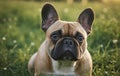 Fawn French Bulldog with whiskers and ears lying on grass, looking at camera Royalty Free Stock Photo