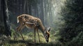Fawn grazing in misty forest Royalty Free Stock Photo
