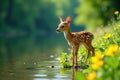A fawn stands by a tranquil pond, surrounded by vibrant springtime blossoms. Generative AI Royalty Free Stock Photo
