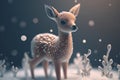 Fawn in winter forest with snowflakes. 3d rendering Royalty Free Stock Photo