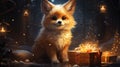 A fawncolored fox puppy with whiskers sits beside a gift box in a dark room Royalty Free Stock Photo