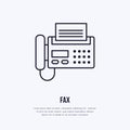 Fax phone with paper page flat line icon. Wireless technology, office equipment sign. Vector illustration of Royalty Free Stock Photo