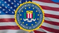FBI emblem on USA flag in wind. Federal Bureau of Investigation Flag background, 3d rendering. United States Forces Flag waving