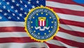 FBI emblem on USA flag in wind. Federal Bureau of Investigation Flag background, 3d rendering. United States Forces Flag wavinging Royalty Free Stock Photo