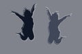 Cute abstract silhouettes of plump ladies in jump with hands up.