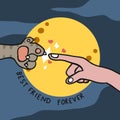 Cat paw and human finger in front of full moon cartoon, Best friend forever illustration