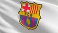 FC Barcelona flag blowing in the wind. Emblem of Football Club FC Premier League. Champion winner in soccer. 3d illustration.