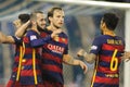 FC Barcelona players Aleix Vidal, Rakitic and Alves celebrating goal Royalty Free Stock Photo