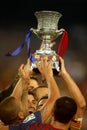 FC Barcelona players hold up Supercup trophy Royalty Free Stock Photo