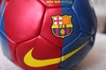 FC Barcelona soccer ball on soccer field. Royalty Free Stock Photo