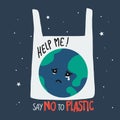 Earth crying in plastic bag cartoon, say no to plastic concept illustration Royalty Free Stock Photo