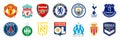 FC of England. Liverpool, Chelsea, Manchester United and City, Arsenal, Tottenham, Everton. FC of France. Saint-Germain, Marseille Royalty Free Stock Photo