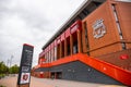 FC Liverpool Logo on the wall of Anfield stadium - LIVERPOOL, UK - AUGUST 16, 2022 Royalty Free Stock Photo