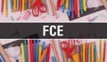 FCE with School supplies on blackboard Background. FCE text on blackboard with school items and elements. Back to School and FCE Royalty Free Stock Photo