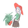 Portrait style girl young women fashion with plants line art vector illustration