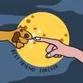 Dog paw and human finger in front of full moon cartoon, Best friend forever illustration