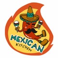 Mexican kitchen logo, chili wear hat cartoon illustration