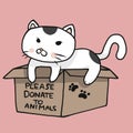 Cat in please donate to animals box cartoon vector illustration