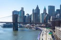 FDR Drive and the Brooklyn Bridge with the Lower Manhattan Skyline in New York City Royalty Free Stock Photo