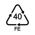 FE 40 recycle sign in triangular shape with arrows. Metal reusable icon isolated on white background. Environmental