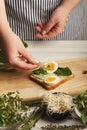 Feamale hands making healthy bruschettas for right snack Royalty Free Stock Photo