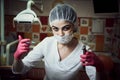 The fear of dental treatment. Children`s dentist girl at the dentist office keeps the instrument and scares Royalty Free Stock Photo