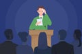 Fear of public speaking, glossophobia of nervous speaker character standing at podium