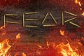 Fear sign combined with hand gun cartridges on rysty metal surface. Royalty Free Stock Photo