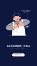 Fear of Spiders, Arachnophobia banner. Scared Child Character is afraid of spider. Phobias, Childhood Irrational Fears