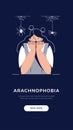 Fear of Spiders, Arachnophobia banner. Screaming Frightened woman character with Phobia Afraid Spider, Covers Face With