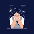 Fear of Spiders, Arachnophobia vector illustration. Screaming Frightened woman character with Phobia Afraid Spider