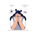 Fear of Spiders, Arachnophobia vector illustration. Screaming Frightened woman character with Phobia Afraid Spider