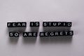 Fear is stupid so are regrets on wooden blocks. Motivation and inspiration concept Royalty Free Stock Photo