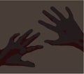 Feared raised hands for protection Illustration of pain clean vector dark grey hands over lighter brownish gray background