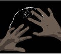 Feared raised hands for protection Illustration of pain clean vector dark grey hands over lighter brownish gray background